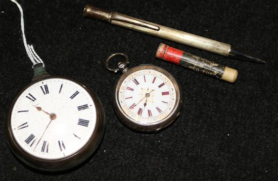George IV silver pair-cased pocket watch, Birmingham 1823 (a.f), another silver pocket watch & a silver propelling pencil